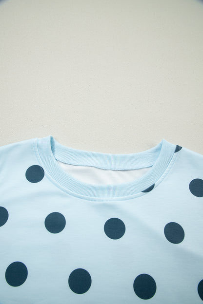 Sky Blue Ribbed Trim Polka Dot Print Tank Split Mini Skort 2pcs Set