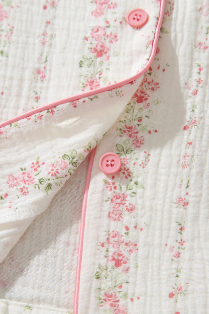 Pink Floral Print Long Sleeve Button Front Shirt Pajama Pant Set