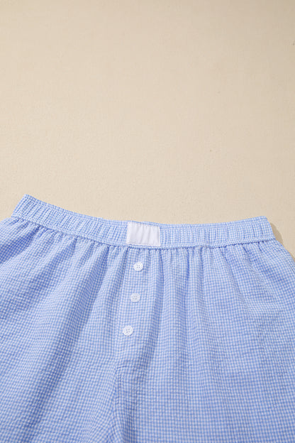 Sky Blue Gingham Plaid Button Detail Lace Trim Boxer Shorts
