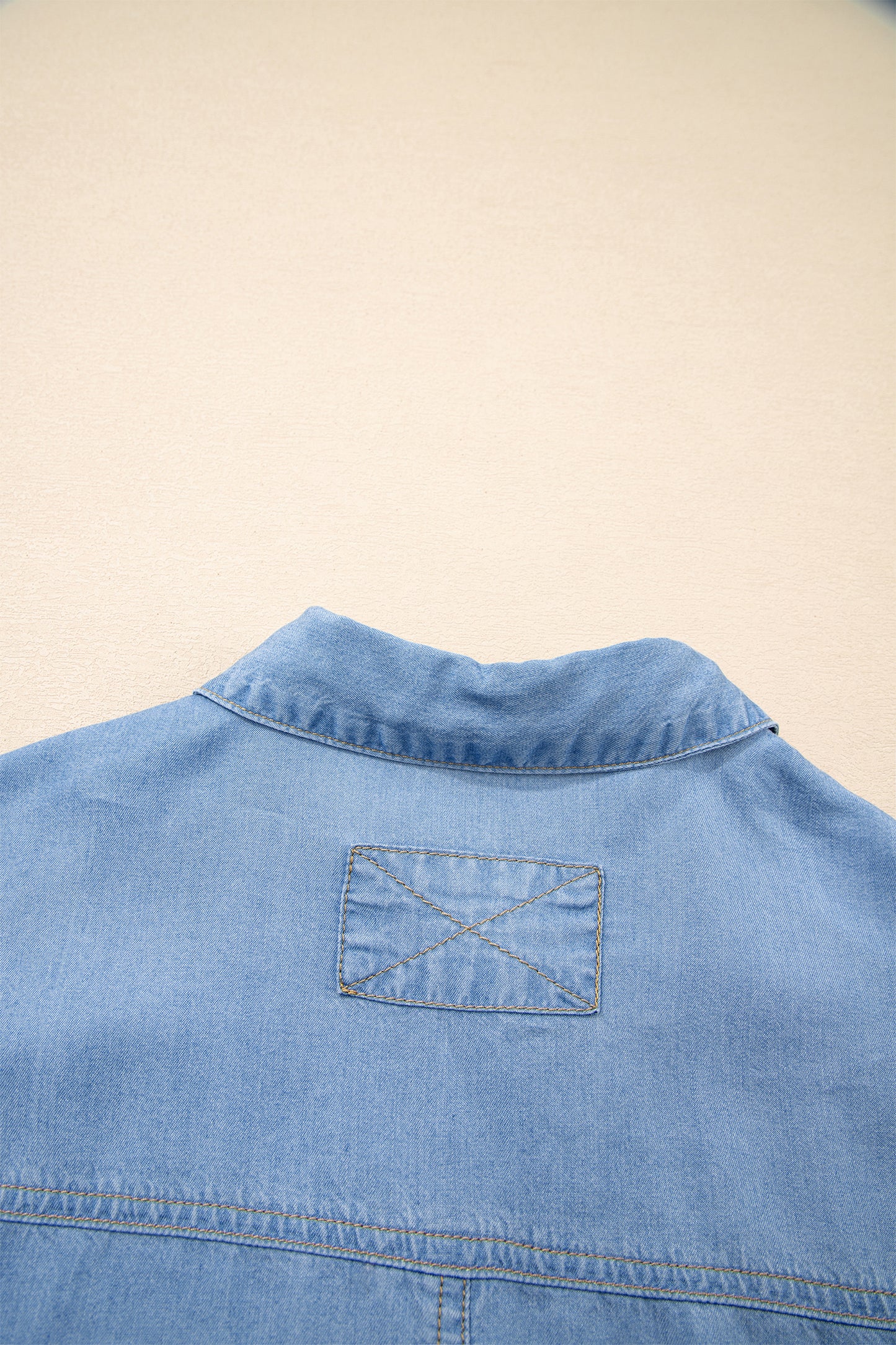 Beau Blue Half Sleeve Button Down Ruffled High Low Chambray Shirt