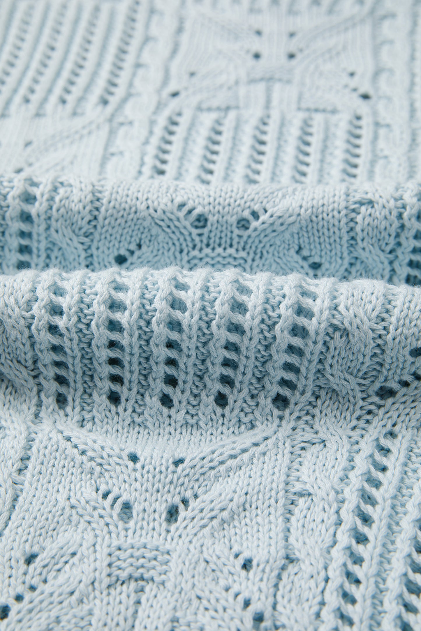 Beau Blue Pointelle Knit Patterned Scalloped Trim Short Sleeve Sweater