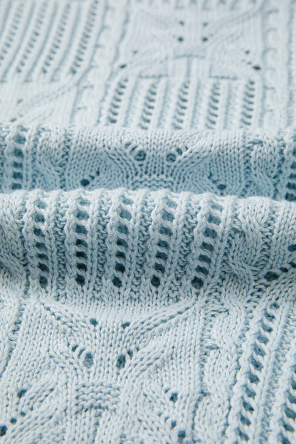 Beau Blue Pointelle Knit Patterned Scalloped Trim Short Sleeve Sweater