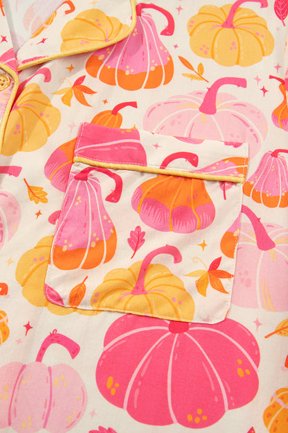 Pink Short Sleeve Pumpkin Print Pocket Placket Shell Button Lounge Set