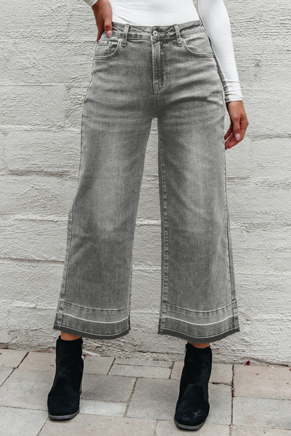 Gray Raw Hem Straight Leg Loose High Waist Jeans