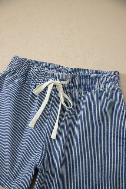 Sky Blue Stripe Drawstring Elastic Waist Casual Denim Shorts