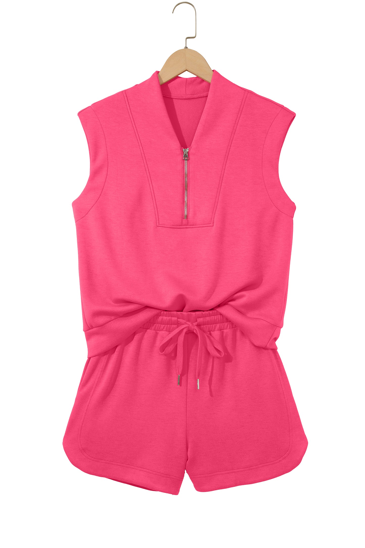 Fiery Red Quarter Zip Sleeveless Top Drawstring Shorts Casual 2pcs Outfit