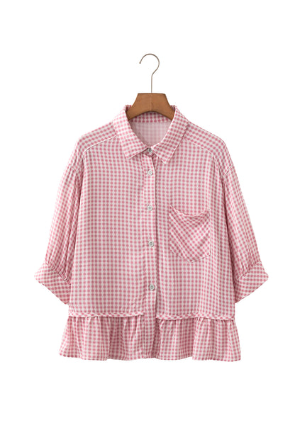 Pink Plaid Half Sleeve Ruffle Hem Button Down Shirt