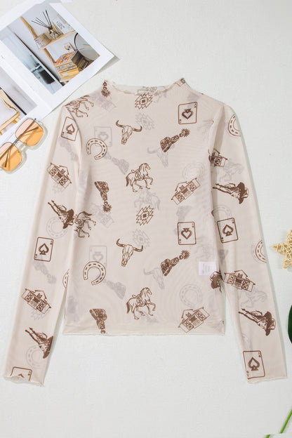Camel Leopard Print Slim Fit Mesh Long Sleeve Mock Neck Top
