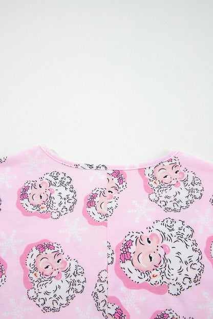 Pink Santa Claus Print V Neck Tee Drawstring Pants 2pcs Lounge Set