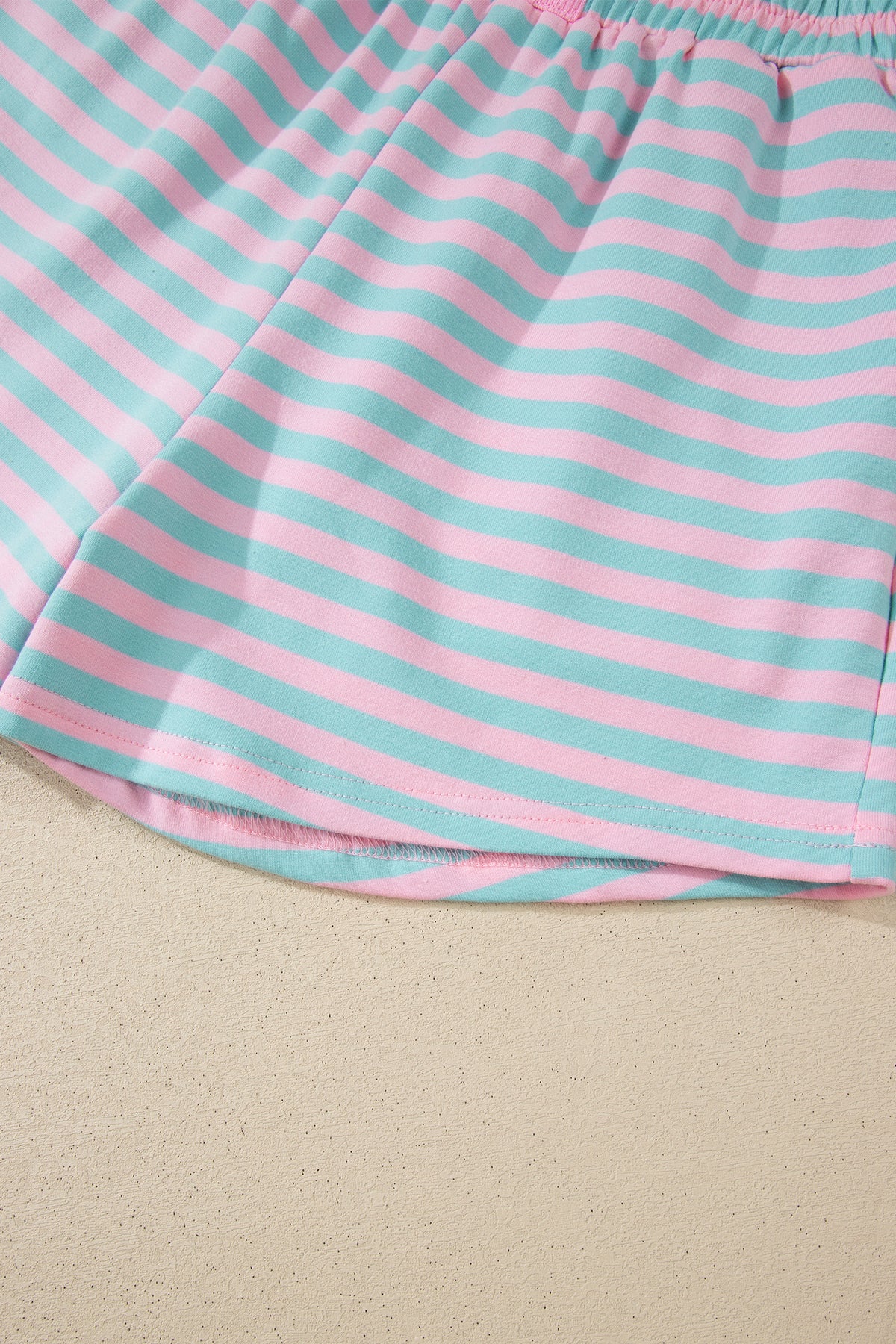 Pink Stripe Color Block Detail Long Sleeve Pullover Elastic Waist Pull On Shorts 2pcs Set