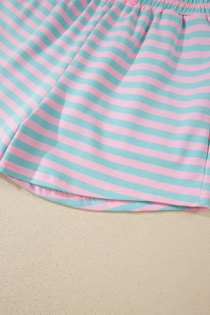 Pink Stripe Color Block Detail Long Sleeve Pullover Elastic Waist Pull On Shorts 2pcs Set