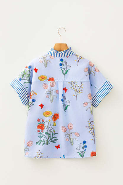 Beige Floral Striped Patchwork Ruffled Collar Short Sleeve Shirt