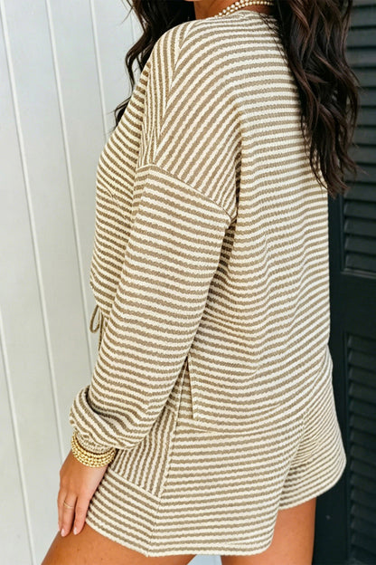 Black Stripe Textured Knit Long Sleeve Top Elastic Waist Shorts Casual Outfit