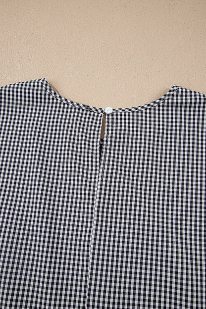 Black Plus Size Plaid Bow Decor Bell Sleeve Round Neck Jumper