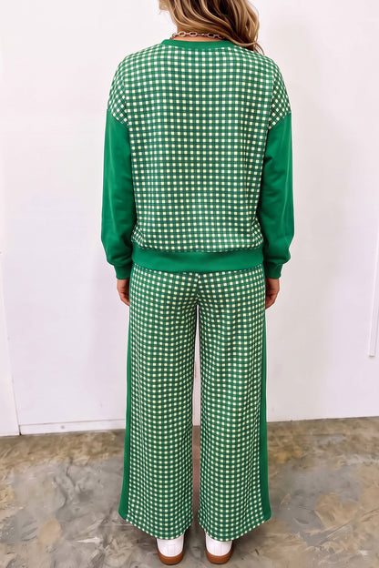 Brown Color Block Plaid Patchwork Long Sleeve Pullover Wide Leg Pant Set