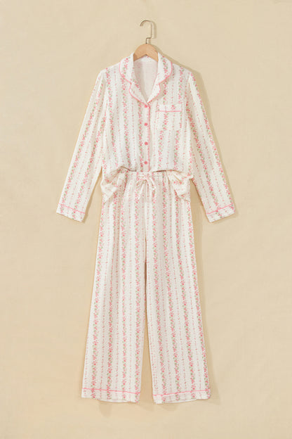 Pink Floral Print Long Sleeve Button Front Shirt Pajama Pant Set