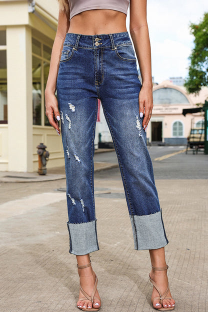 Sky Blue High Waist Distressed Straight Leg Jeans