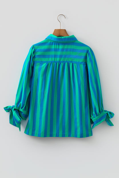 Red Stripe Tie Puff Sleeve Womens Button Down Shirt