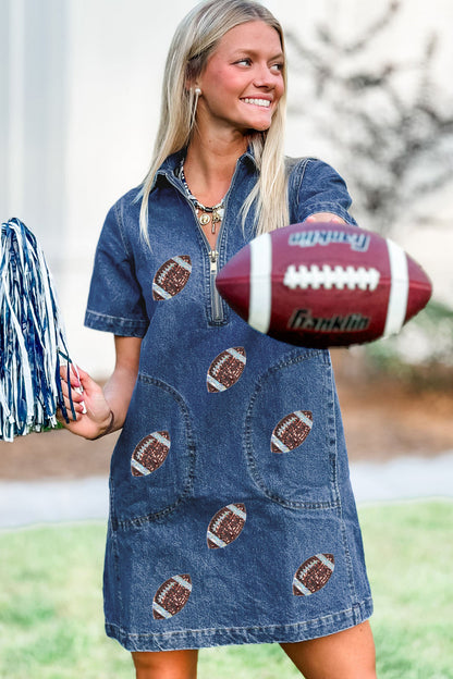 Blue Sequin Football Pattern Zip Collar Pocketed Denim Shift Dress