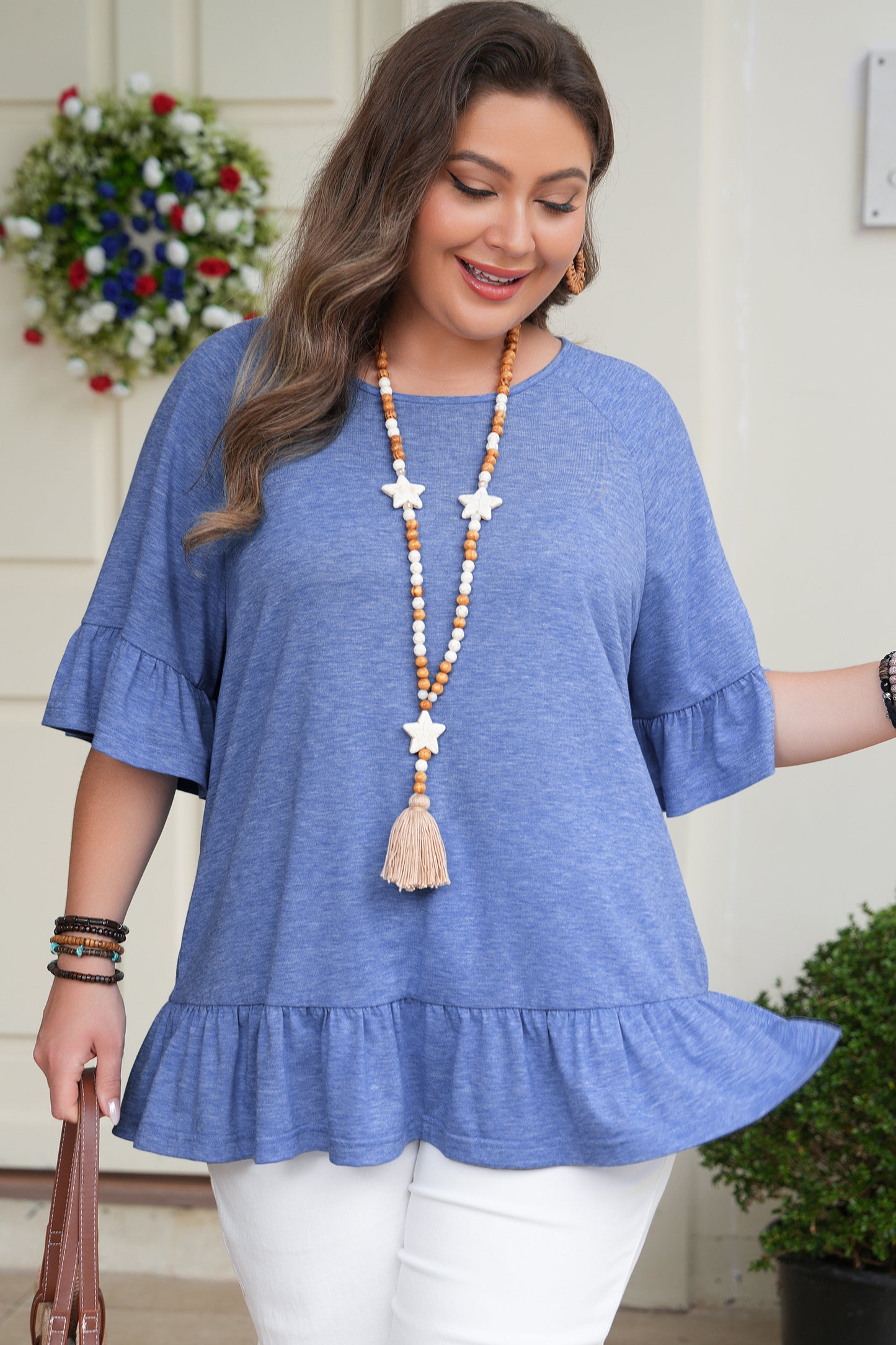 Dusk Blue Ruffled Short Sleeve Plus Size Casual Blouse