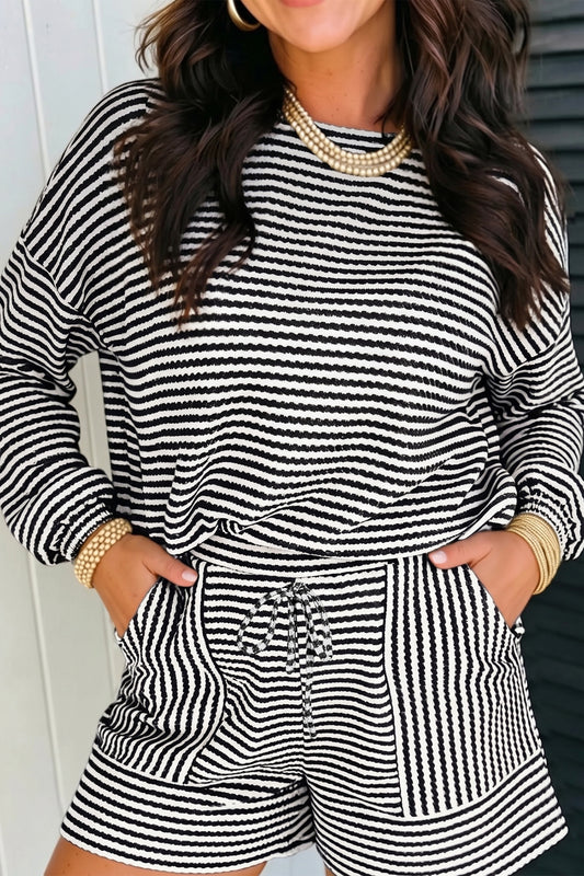 Black Stripe Textured Knit Long Sleeve Top Elastic Waist Shorts Casual Outfit