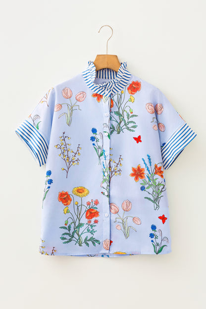 Beige Floral Striped Patchwork Ruffled Collar Short Sleeve Shirt