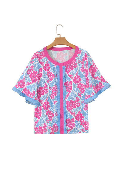 Purple Floral Print Ruffled Color Block Trim Half Sleeve Blouse
