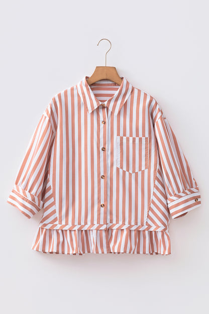 Khaki Stripe Button Front Ruffle Hem Bracelet Sleeve Shirt
