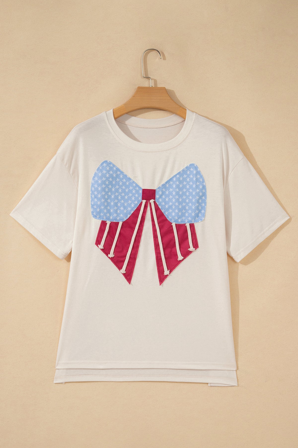 White Loose Knit Vintage Flag Bow Patched T Shirt