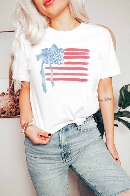 White American Flag Bow Knot Print Crew Neck T Shirt