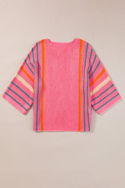 Rose Striped Detail Wide Sleeve Lightweight Knitted Sweater