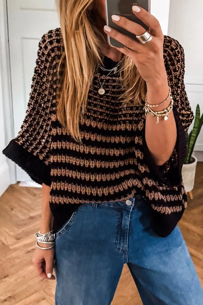Green Stripe 3/4 Draped Sleeve Slouchy Sweater