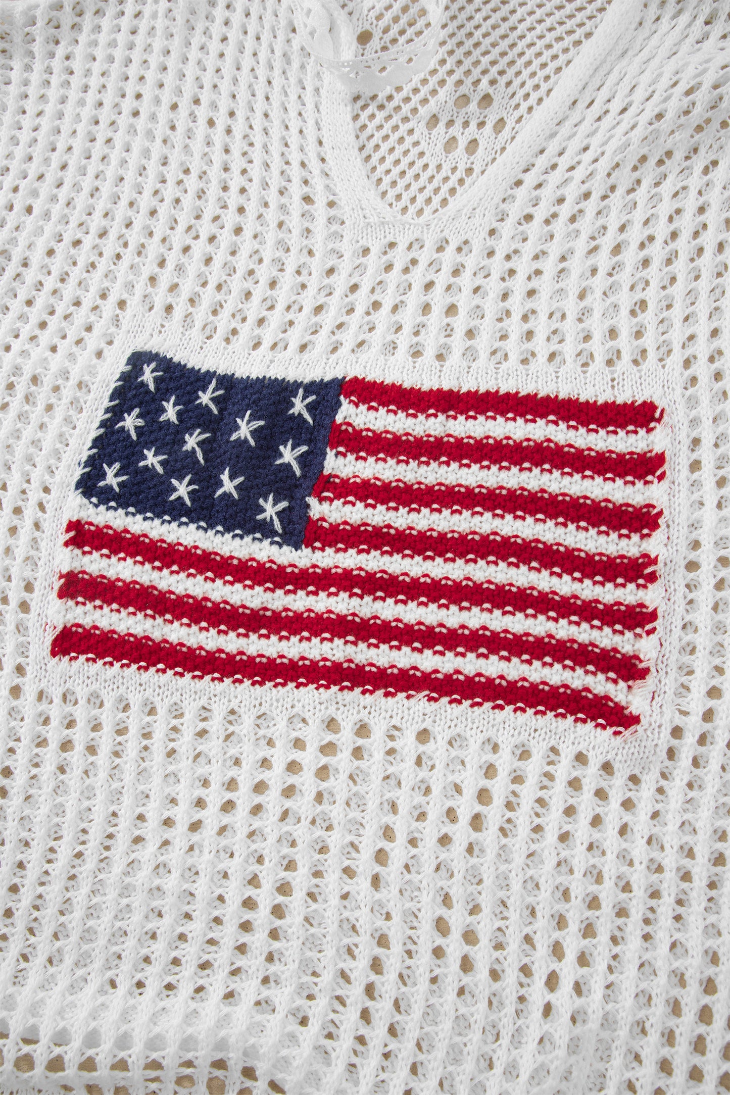 Beau Blue Hollow Out Crochet Knit American Flag Patched Sweater Hoodie