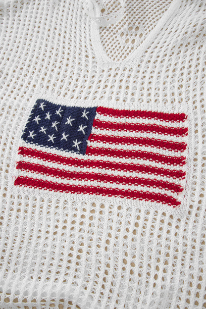 Beau Blue Hollow Out Crochet Knit American Flag Patched Sweater Hoodie