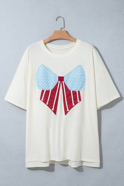 White Distressed Flag Bow Patched Plus Size T Shirt