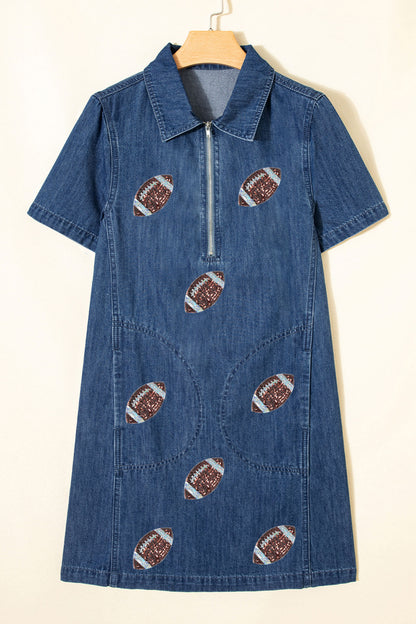 Blue Sequin Football Pattern Zip Collar Pocketed Denim Shift Dress