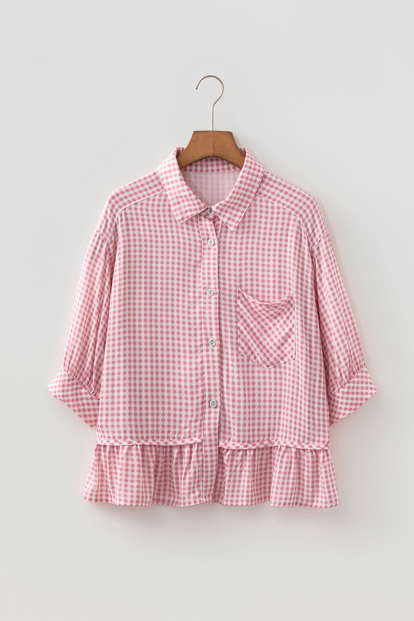 Pink Plaid Half Sleeve Ruffle Hem Button Down Shirt
