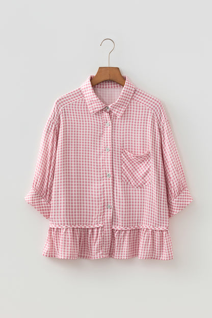 Pink Plaid Half Sleeve Ruffle Hem Button Down Shirt