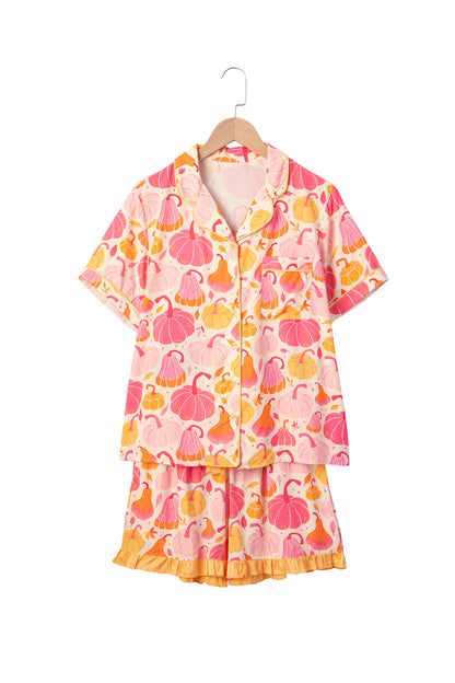 Pink Short Sleeve Pumpkin Print Pocket Placket Shell Button Lounge Set