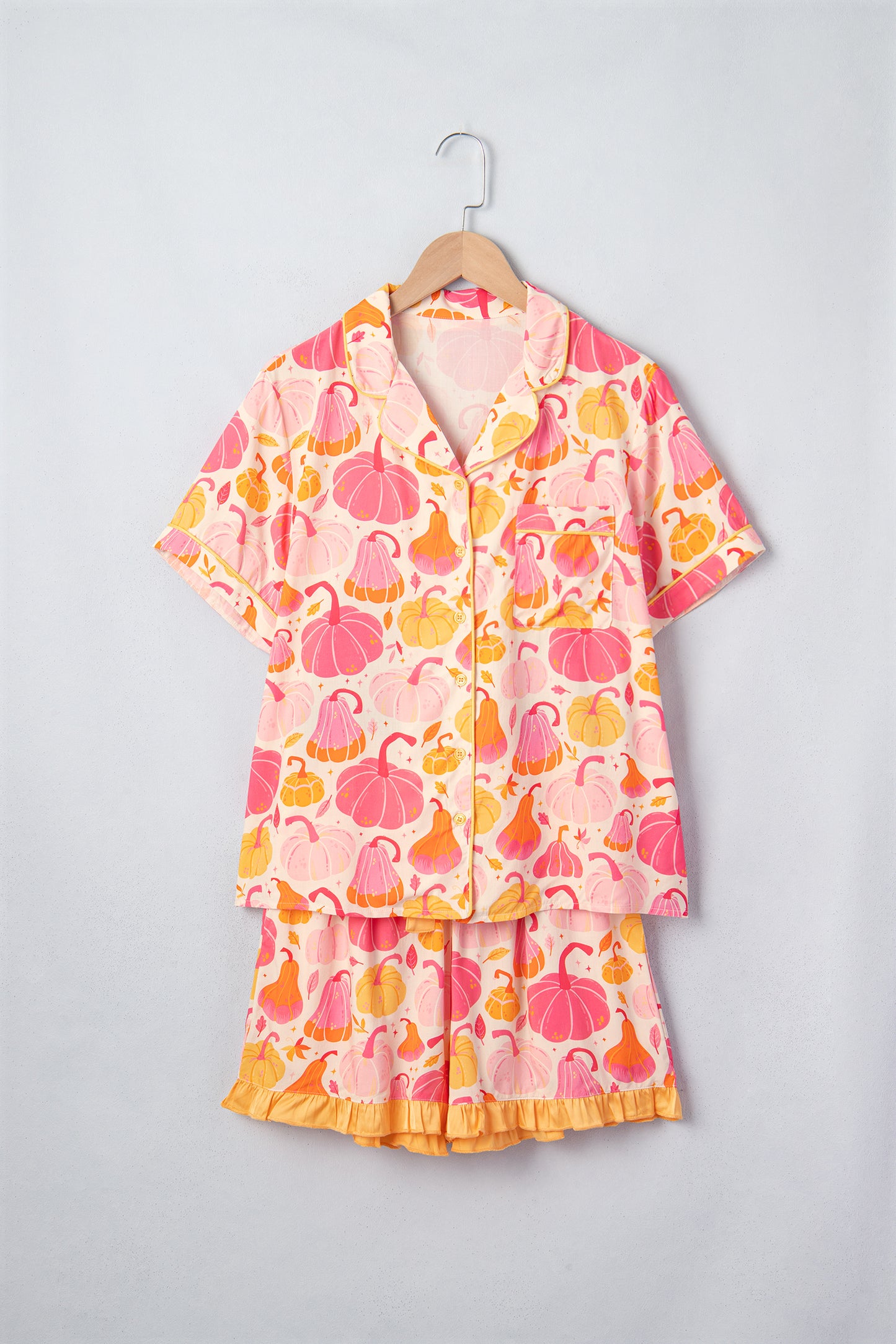 Pink Short Sleeve Pumpkin Print Pocket Placket Shell Button Lounge Set