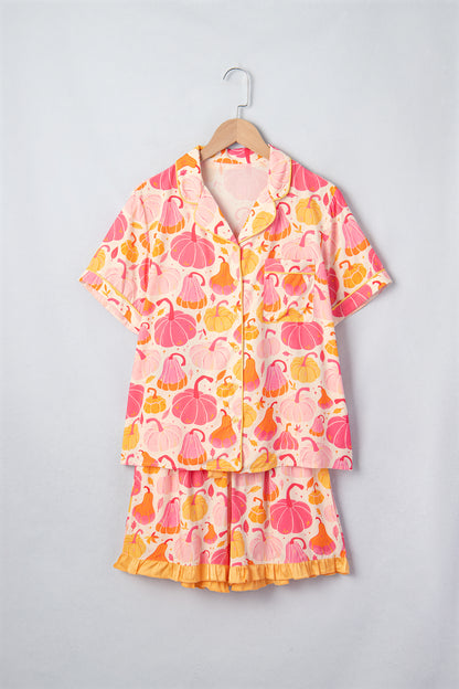 Pink Short Sleeve Pumpkin Print Pocket Placket Shell Button Lounge Set