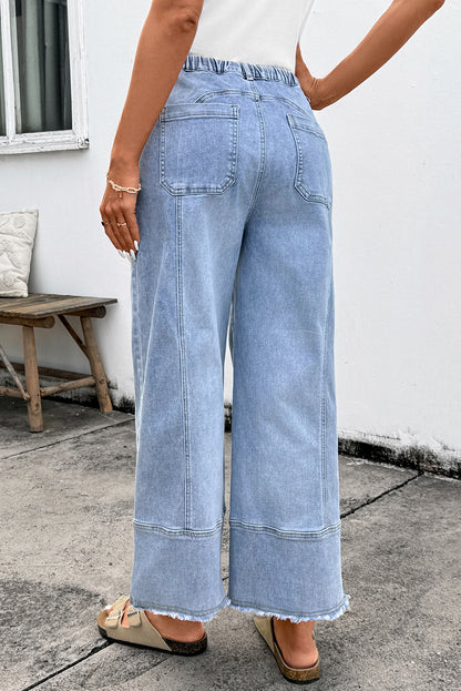 Gray Drawstring Seam Detail Raw Hem Wide Leg Denim Pants