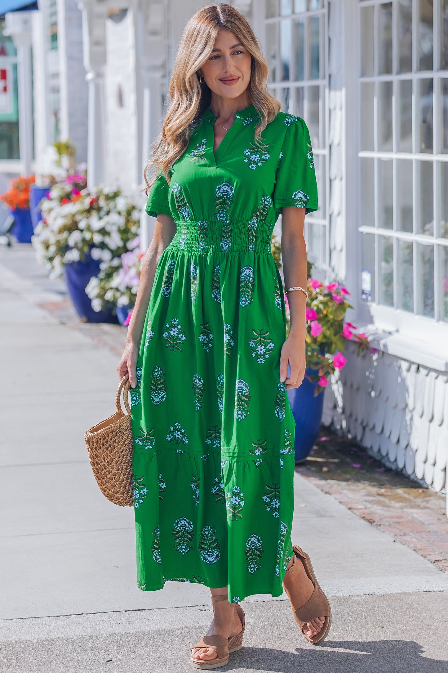 Green Floral Print Split Neck Shirred High Waist Ruffle Hem Maxi Dress