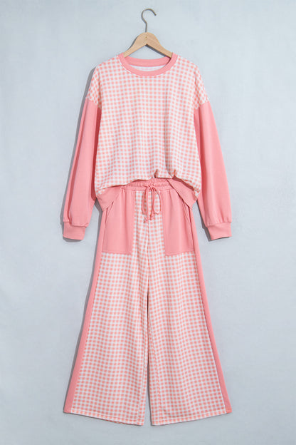 Brown Color Block Plaid Patchwork Long Sleeve Pullover Wide Leg Pant Set