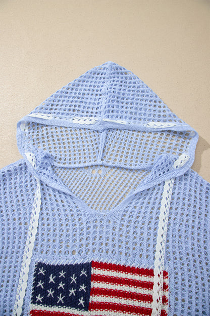 Beau Blue Hollow Out Crochet Knit American Flag Patched Sweater Hoodie