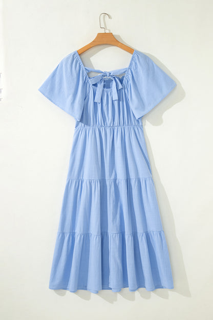 Beau Blue Flowy Short Sleeve Lace Detail Square Neck Tiered Midi Dress