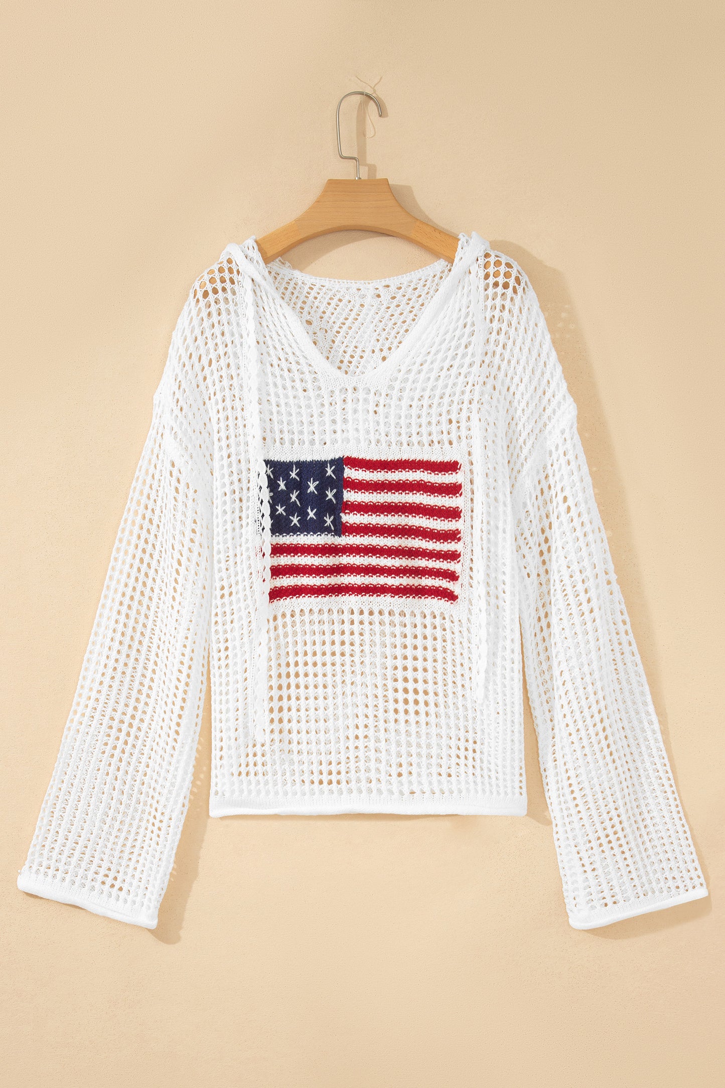 Beau Blue Hollow Out Crochet Knit American Flag Patched Sweater Hoodie