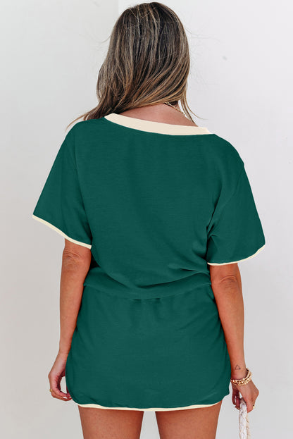 Turquoise Colorblock Edge Drop Shoulder T Shirt and Skort 2Pcs Set