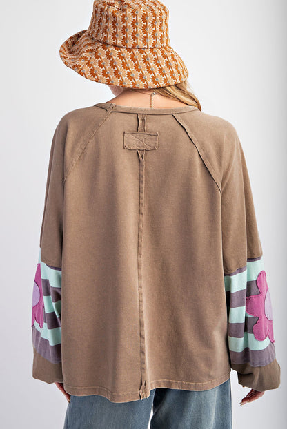 Light French Beige Plus Size Flower Striped Patchwork Puff Sleeve Loose Sweatshirt