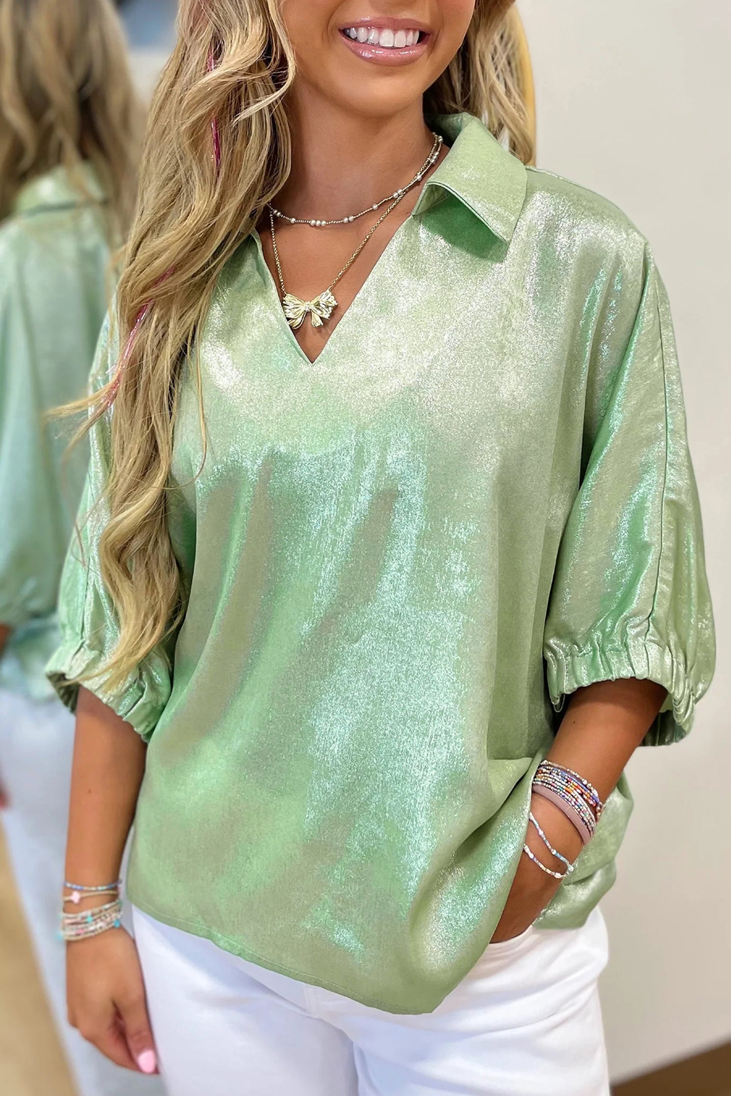 Casual Collared V Neck Half Sleeve Metallic Top